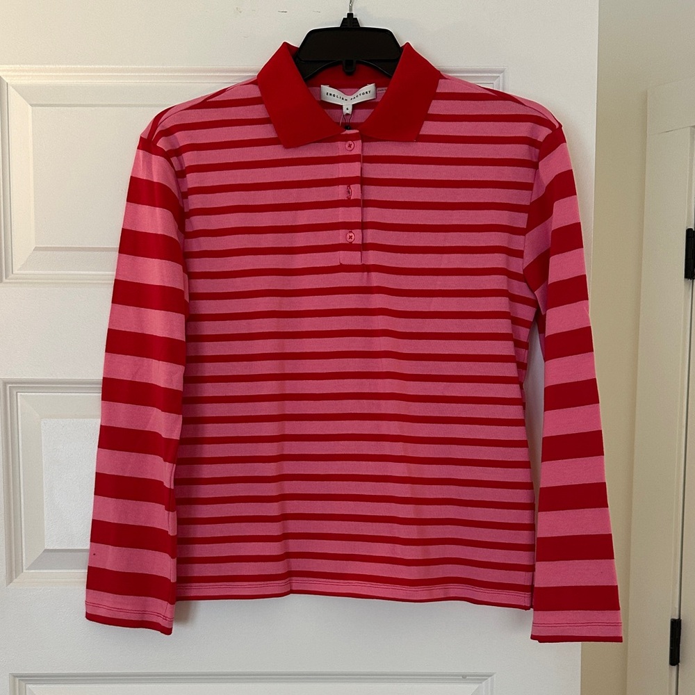 English Factory Pink & Red Striped LS Polo Shirt